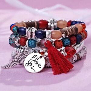 Chunky Red 4 Piece Multilayer Tassel Bracelet